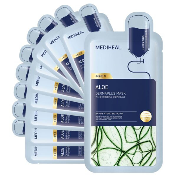 Mediheal Dermaplus Aloe Mask (10 Counts) - Daily Vegan Mask for Hydrating Skin with Panthenol & Hyaluron, Korean Self Skin Care Sheet Mask