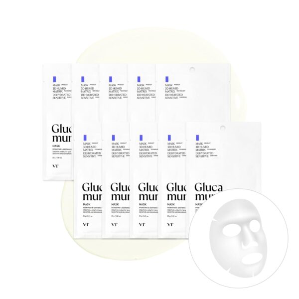 VT COSMETICS Glucamune Mask, Hydrating Vegan Sheet Mask for Face, Hypoallergenic, Fragrance-Free, for Dry & Sensitive Skin, Beta-Glucan, Glucosamine, Glass Skin Glow, Korean Skincare (10 pcs)
