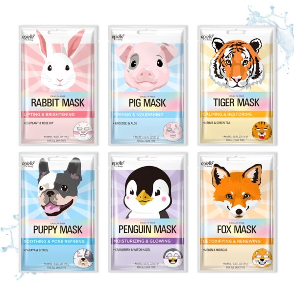 Epielle Animal Character Sheet Masks | Korean Beauty Masks for All Skin Types | Pack of 6 | Face Mask, Birthday Party Gift, Girls' Night, Spa Day, Spa Night | Korean Skincare, Easter Gift