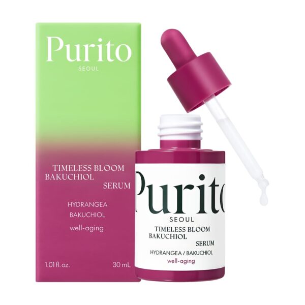 PURITO SEOUL Timeless Bloom Bakuchiol Serum, Korean Jeju Hydrangea, for Sensitive Skin, Ampoule, Fine Line Reduction, Anti Aging Facial Serum for face, K-Beauty, 30ml 1fl.oz