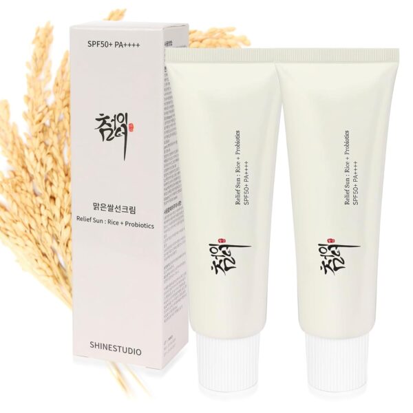 2PCS Relief Sun Organic sunscreen SPF50, ++++PA++++ Rice and Probiotics, 50ml Korean Skin Care Solution for All Skin Types, Nourishing Skin Protection and UV Defens