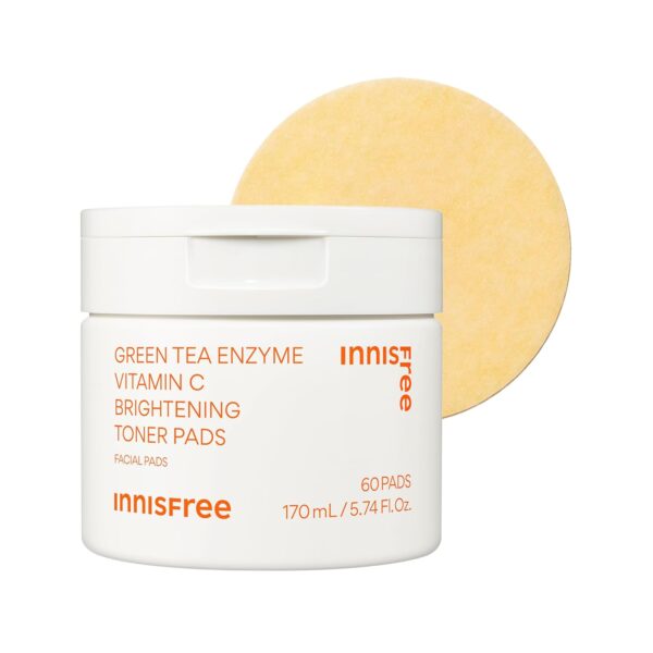 innisfree Green Tea Enzyme Vitamin C Brightening Toner Pads, Korean Face Toner Pads for Glow and Dark Spots