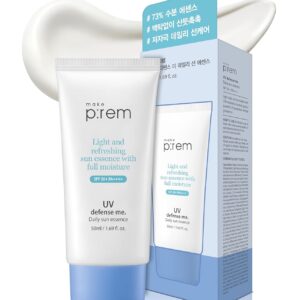 MAKEPREM UVA UVB Defense Me Daily Sun Essence VEGAN Makeup Sunscreen Gel SPF 50+ PA++++ 1.69 Fl Oz Reef-Safe Moisture Sunblock Strong UV Blue Ray Broad Protection Dry Oily Sensitive Acne-Prone Skin