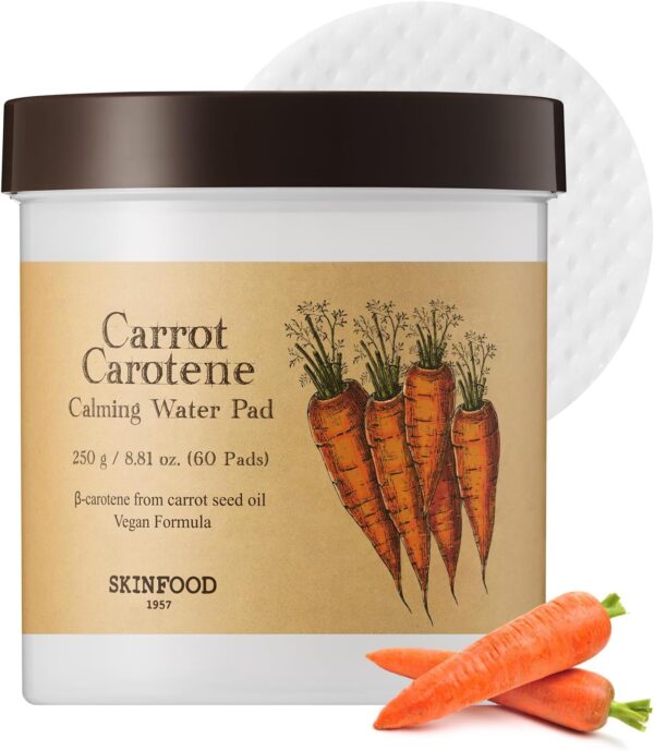 SKINFOOD Carrot Carotene Calming Water Pad 250g (8.81 oz.) 60 Sheets- Redness Relief Soothing Facial Toner Pads for Sensitive Skin, Cruelty Free