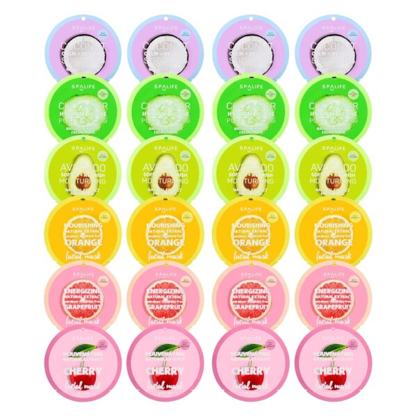 SpaLife Beauty Fruit Facial Sheet Masks 24 Pack – Face Masks Skincare Set – Hydrating Face Masks – 6 Natural Fruit Extract Formulas – Orange, Grapefruit, Coconut, Cherry, Avodcado, Cucumber